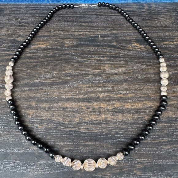 Vintage Sterling Silver Native Pearl Black Onyx Beaded Necklace 34in Chain 925 - Picture 12 of 16